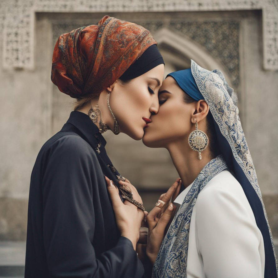 Woman muslim and woman jewish lesbian kiss