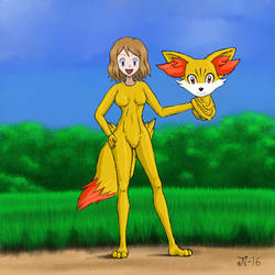 Serena in Fennekin suit