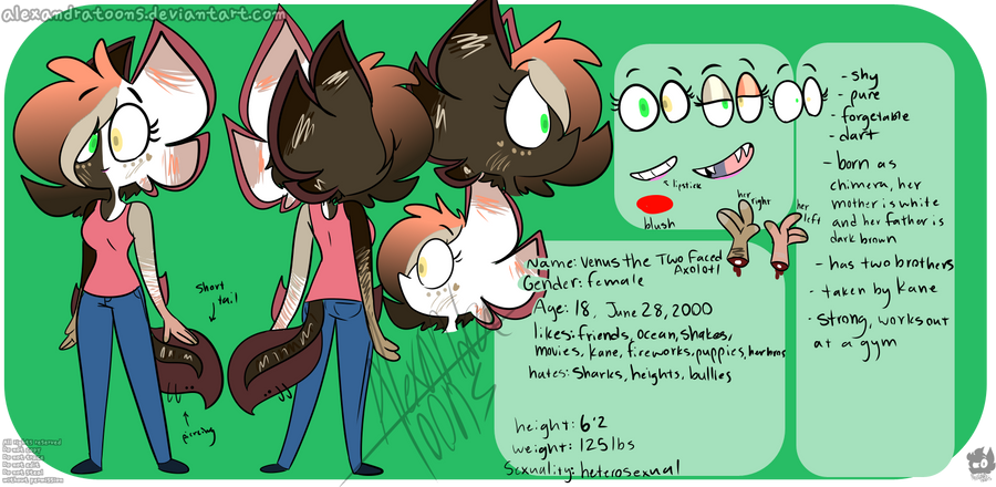 Venus the Two Faced Axolotl ref sheet by AlexandraToons