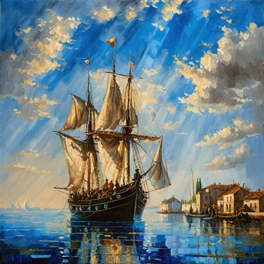Oil painting showing historical boat on the center