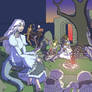 Dark Souls characters at Firelink Shrine bonfire