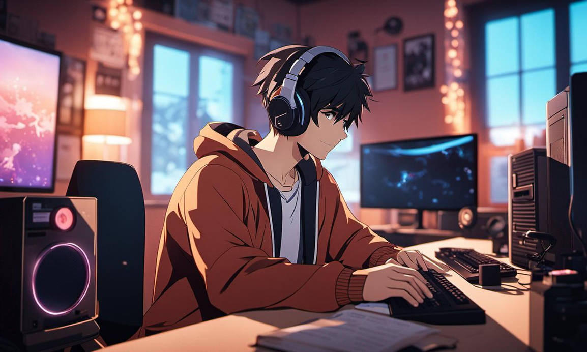 Anime guy playing on his PC gaming setup by Dkaz207 on DeviantArt