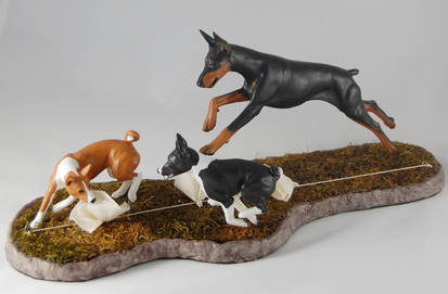 Basenjis and Doberman OOAK figurines