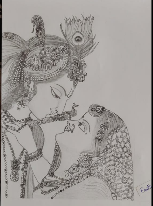Radha Krishna Original Pencil Drawing On Paper Art by