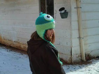 green and teal owl hat - modeled