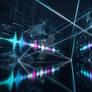Technical blueprint with audio waves
