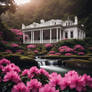Plantation house with rhododendrons near a waterfa