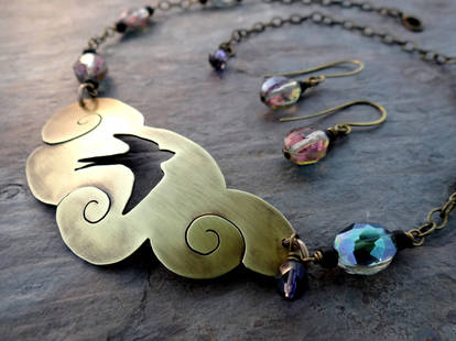 Bird Flying through Clouds Necklace and Earrings