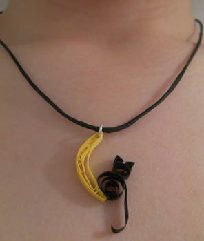 Quilled Black Cat on Crescent Moon Necklace