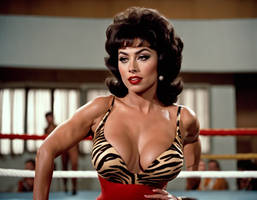 Rita confident wrestler in Tiger-stripes Closeup