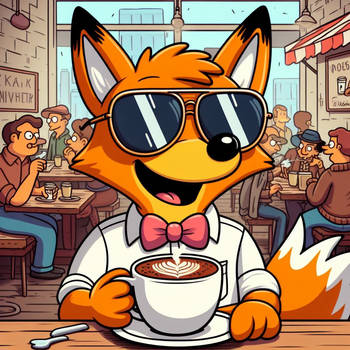 Cartoon fox at a cafe