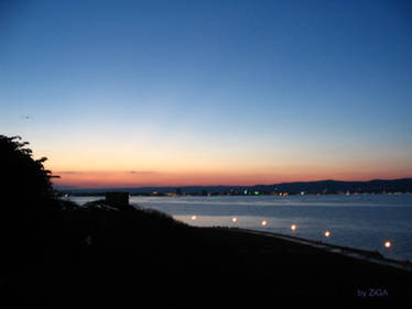 Sunny beach at sunset