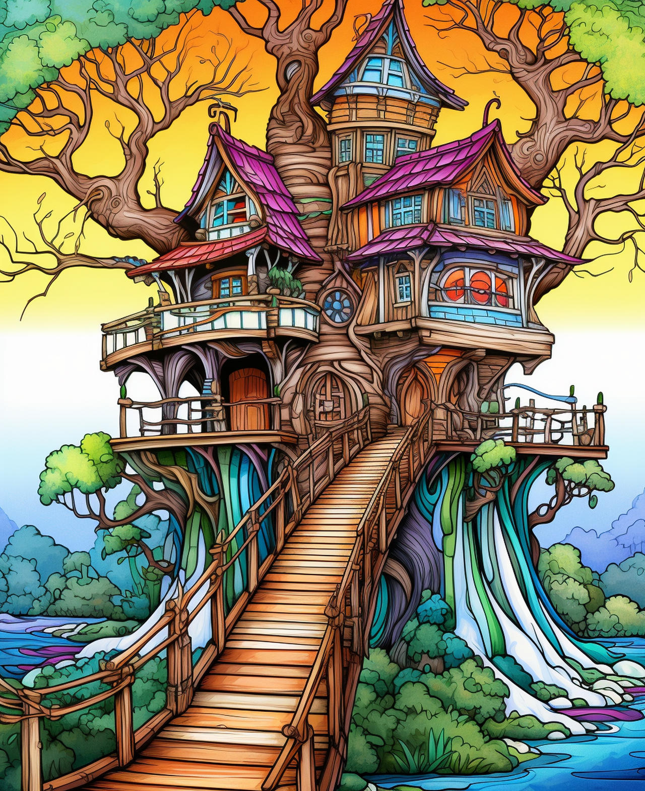 Tree houses with rope bridges Coloring Pages by ColoringBooksArt on  DeviantArt