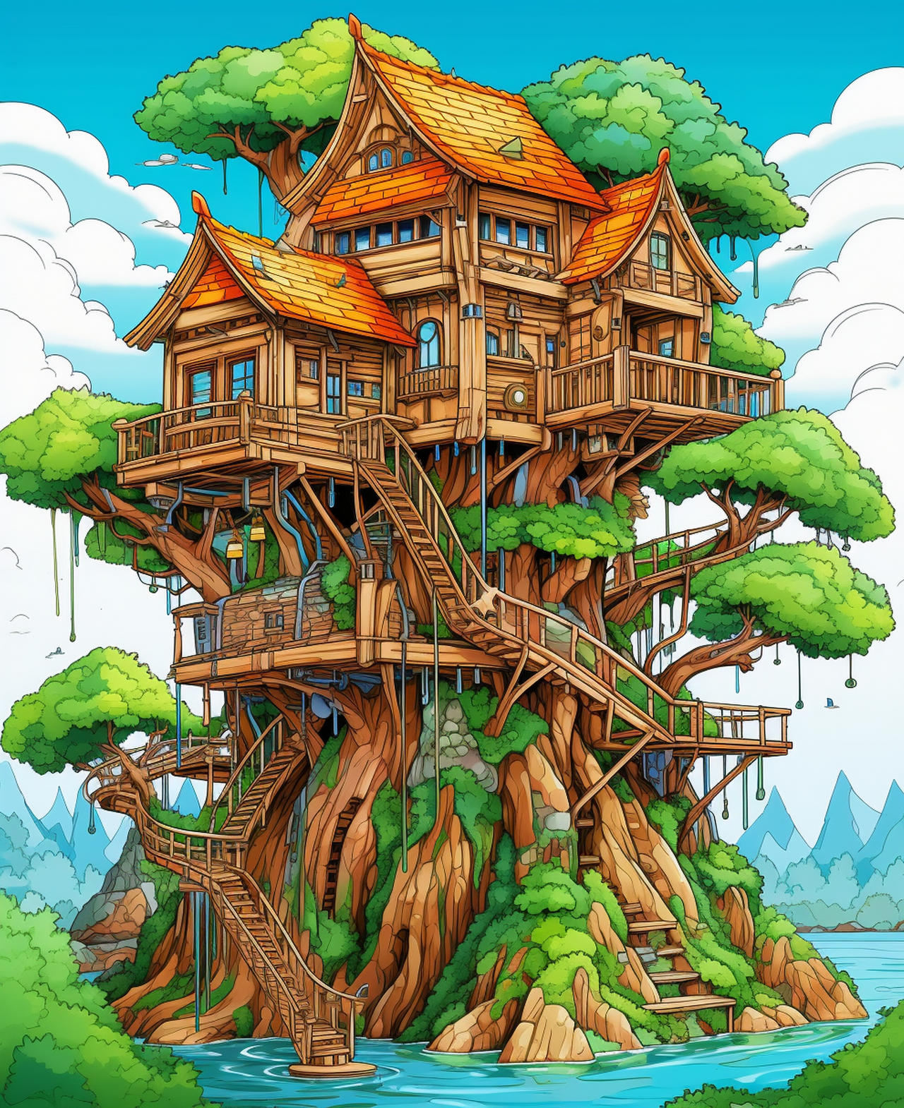Tree houses with rope bridges Coloring Pages by ColoringBooksArt on  DeviantArt