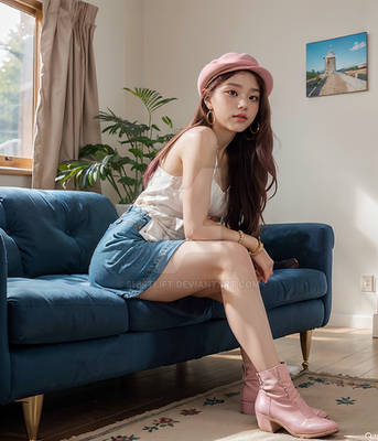 Pink Mario hat and jean skirt look