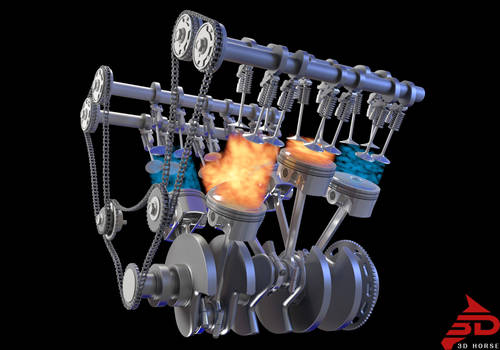 3D Animated V6 Engine with Gasoline Ignition model