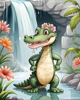 Serene Cartoon Alligator Wearing a Flower Crown St