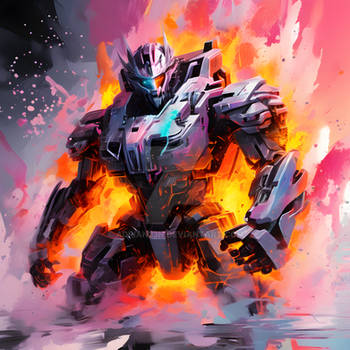 A Digital Artwork of a Robot Emerging from Flames