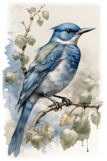 Serene Bluebird on a Branch with Leaves