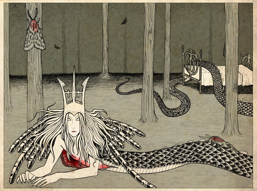 An eerie-looking stylised human with a crown and wild hair--the enchanted lindworm prince--emerges from a bloody gap in his snakeskin, which continues into the background of the illustration and trails over a bed and around some stylised tree trunks. The whole image is largely green-grey, black and white in colour, apart from faint highlights of red. In the background of the image are more stylised tree trunks with a very large moth on one of them, and and small shadows of moths on the crosshatched background.