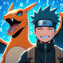 Naruto smiling next to Charizard