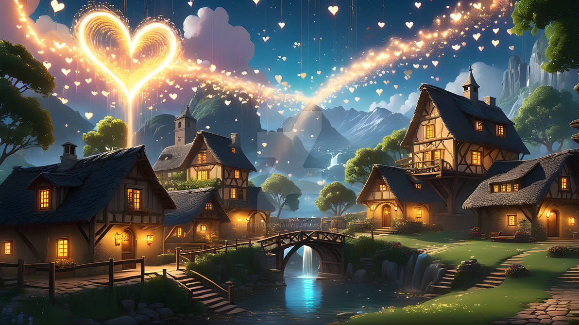 Rustic-village-scene-structures-aglow-with-etherea by ...