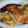 Red Salmon with Janssons Frestelse and Cranberry