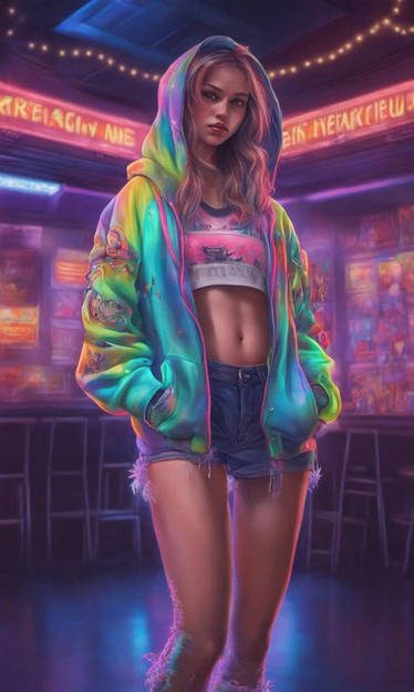 Under the Lights - Hoodie Girl Stands in Neon Soli