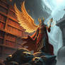 God of knowledge standing in a great library