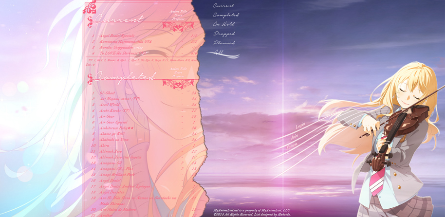 Shigatsu wa Kimi no Uso layout for MAL by Hahaido on DeviantArt