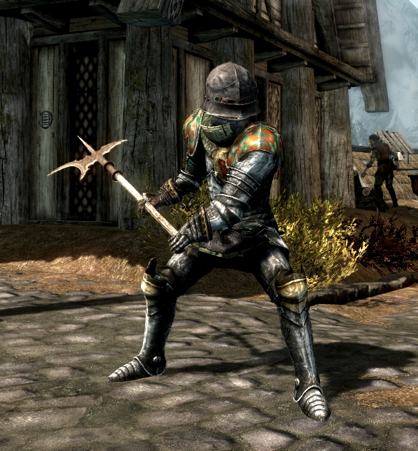 Yvette in heavy armor with halberd (Skyrim)