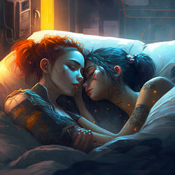 Neon Cyberpunk Girls Kisses in the Bed