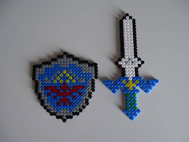 Master Sword and Hylian Shield with Perler Beads.