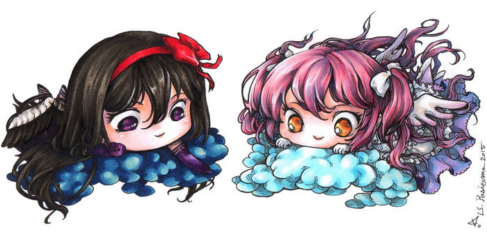 Akumura and Madokami chibis on clouds~