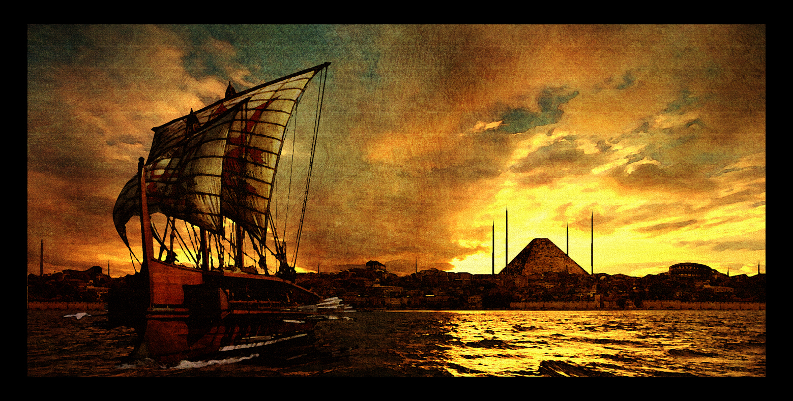 Hedonian trireme at sunrise by AGEOFAENYA
