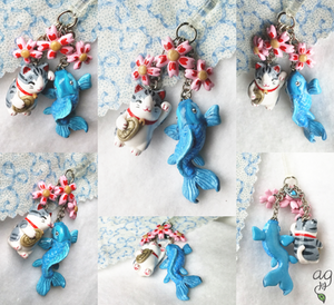 Lucky Cat - Blue Koi - Cherry Blossoms Phone Charm