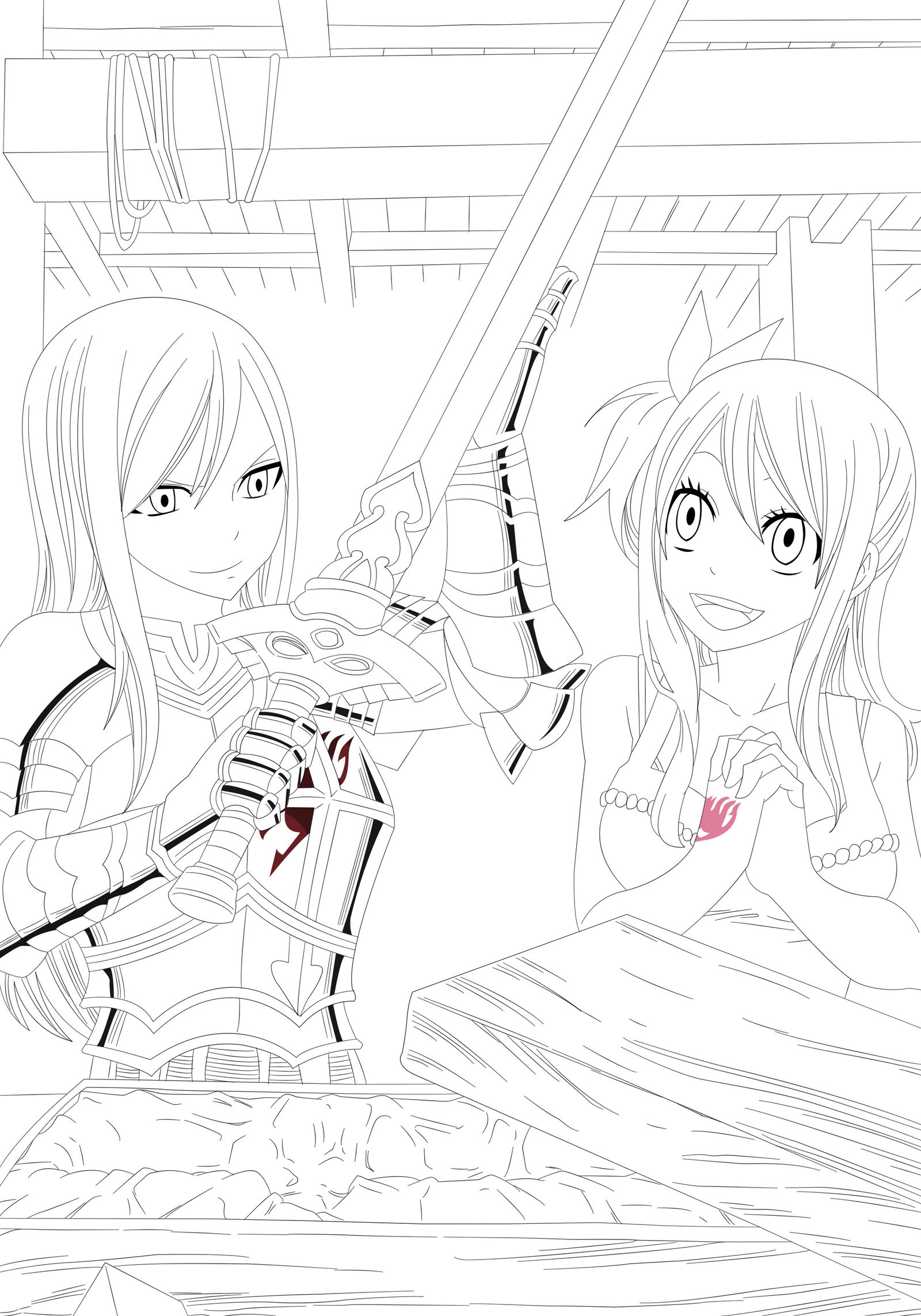 Erza and Lucy Commission 1 Line Art