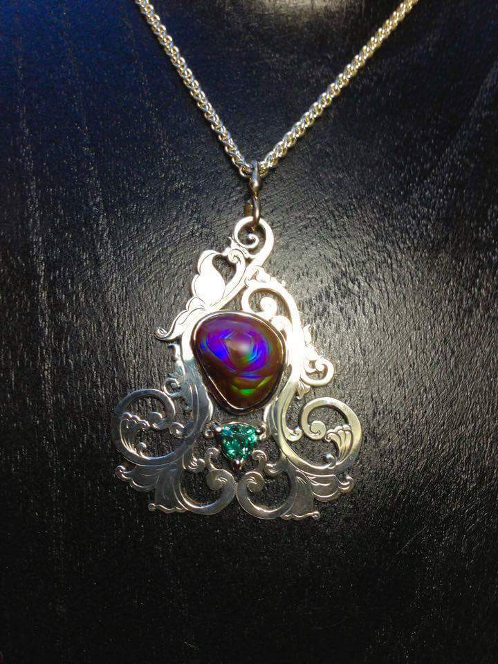 Fire Agate and Alexandrite Scrollwork Pendant 2