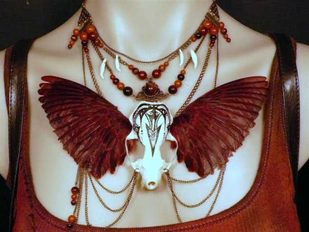 Mink skull necklace with hand-dyed sparrow wings