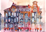 Apartment House in Poznan and orange umbrellas