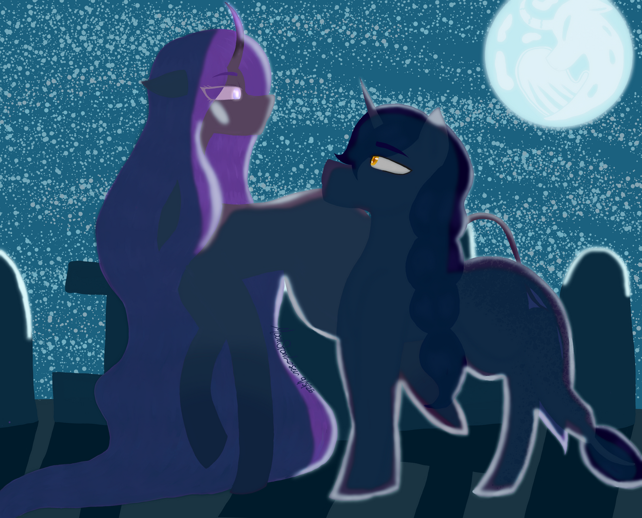Under the moonlight in the graveyard