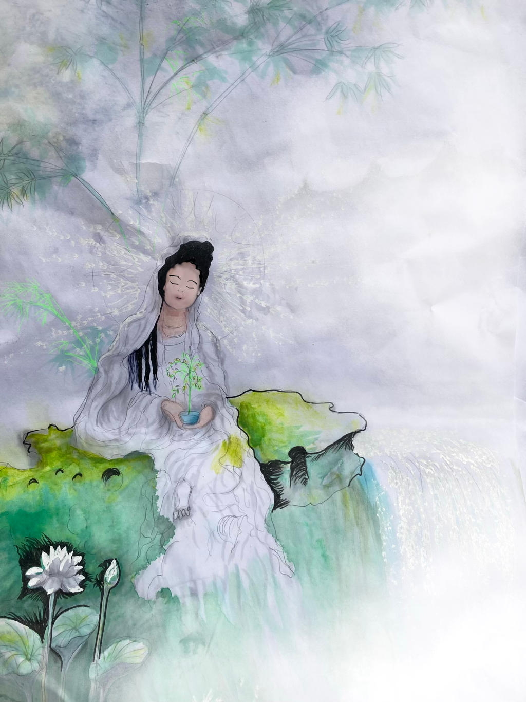 Quan Yin Buddha Meditating Sitting on a River Bank