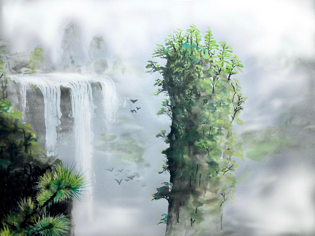 Misty Abyss Mountain Tower Waterfall
