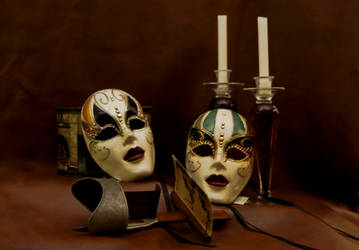 Vintage Mask and Candlesticks Still Life