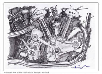 1936 BSA Y13 Motorcycle engine pencil drawing. by ivantremblac