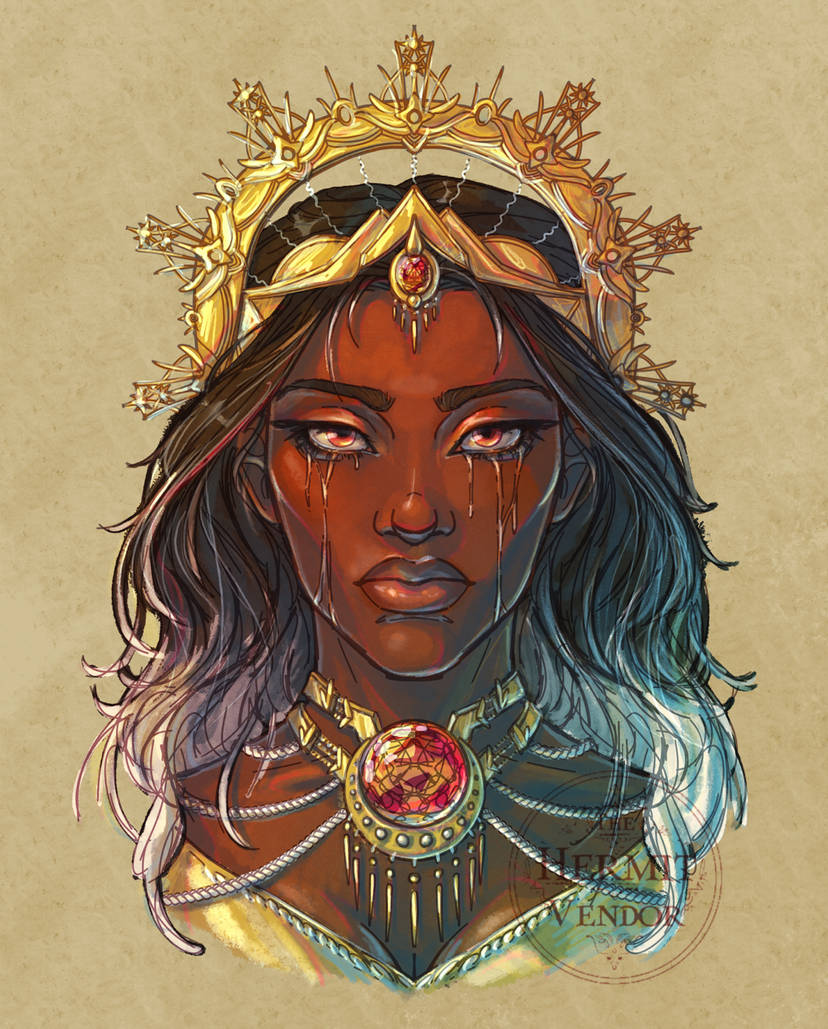 Love Wasn't... Enough. This piece shows Queen Titiana crying. She is brown skin with trails of white and blue falling from her eyes as tears. A golden crown is on her head and a majestic, large ruby red diamond choker is placed around her neck.