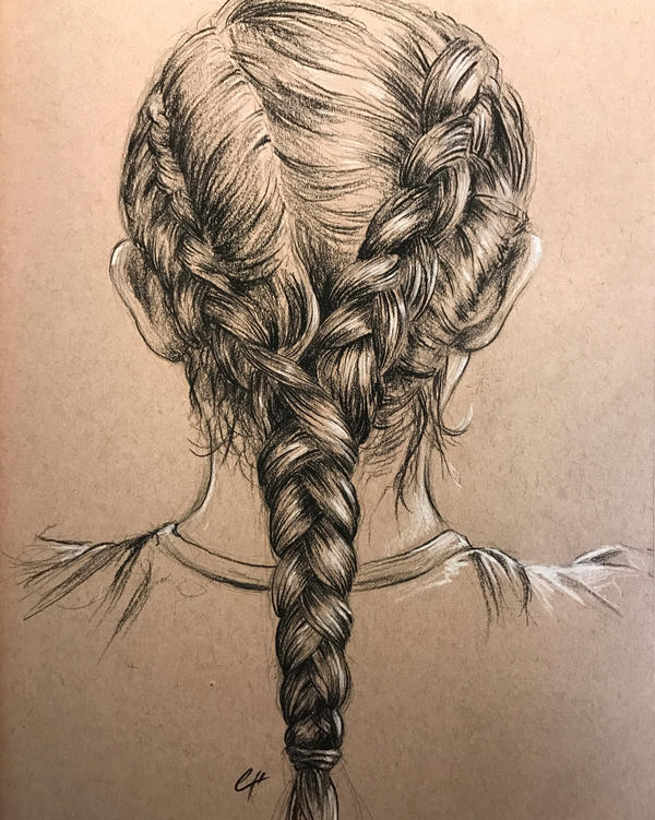 Braid study in charcoal pencil, hotel room sketch
