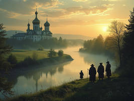 Medieval Russian landscape at dawn: A vast, mist-c