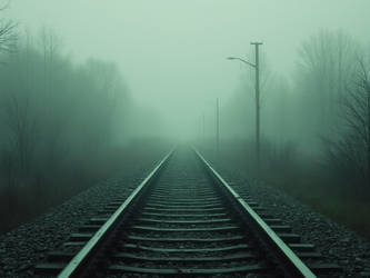 Foggy, rain-washed railway lines veiled in mist, s