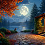 Autumn Moonlight Over the Lakeside Cabin